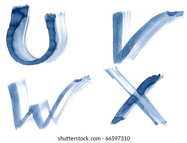 Grunge handwritten ink alphabet, isolated on white background. Letters UVWX