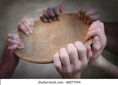 Grunge image of many hands holding an empty bowl