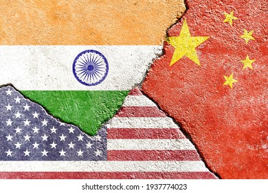 Grunge India VS China VS USA National Flags Icon On Broken Weathered Cracked Wall Background, Abstract India China US International Country Politics Relationship Conflicts Concept Texture Wallpaper