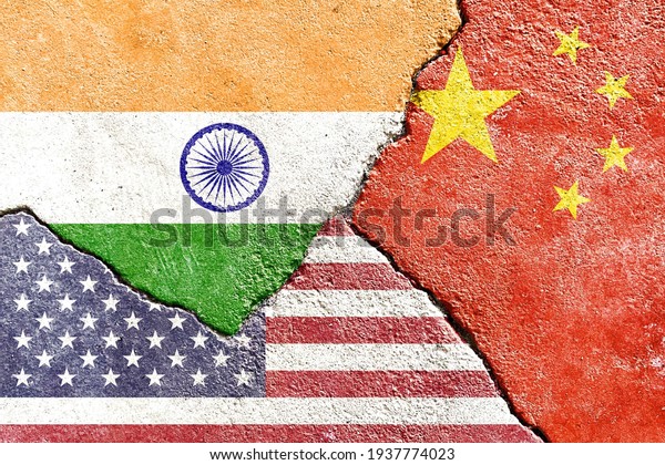 Grunge India VS China VS USA national flags\
icon on broken weathered cracked wall background, abstract India\
China US international country politics relationship conflicts\
concept texture\
wallpaper