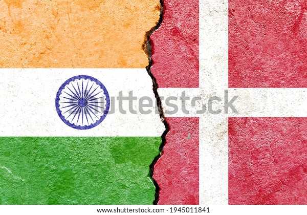 Grunge India VS Denmark national flags icon\
pattern isolated on broken cracked wall background, abstract\
international political relationship partnership divided conflicts\
concept texture\
wallpaper