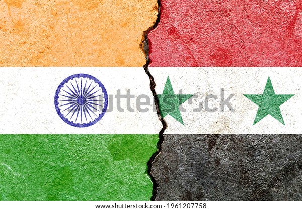 Grunge India VS Syria national flags icon\
pattern isolated on broken cracked wall background, abstract\
international political relationship friendship divided conflicts\
concept texture\
wallpaper