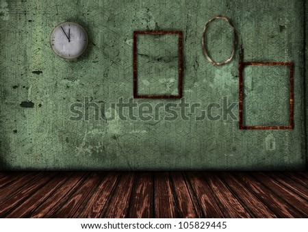 grunge Interior with Pictureframes and clock