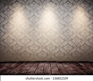 Grunge Interior Room With Baroque Wallpaper And Spots.