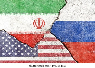 Grunge Iran Vs USA Vs Russia National Flags Icon On Broken Weathered Wall With Cracks Background, Abstract Iran US Russia Politics Relationship Divided Conflicts Concept