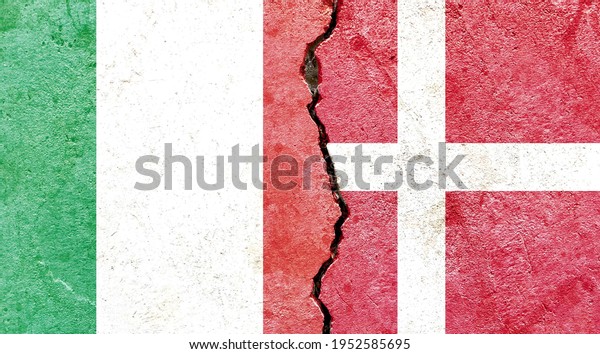 Grunge Italy VS Denmark national flags icon\
pattern isolated on broken cracked wall background, abstract\
international political relationship friendship divided conflicts\
concept texture\
wallpaper