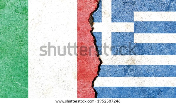 Grunge Italy VS Greece national flags icon\
pattern isolated on broken cracked wall background, abstract\
international political relationship friendship divided conflicts\
concept texture\
wallpaper