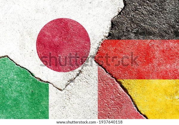 Grunge Japan VS Germany VS Italy national flags\
isolated on broken wall with cracks background, abstract Japan\
Germany Italy international politics relationship conflicts concept\
texture wallpaper