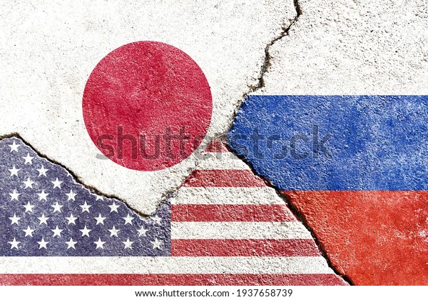 Grunge Japan VS USA VS Russia national flags\
icon on broken weathered wall with cracks background, abstract\
Japan US Russia politics economy relationship divided conflicts\
concept texture\
wallpaper