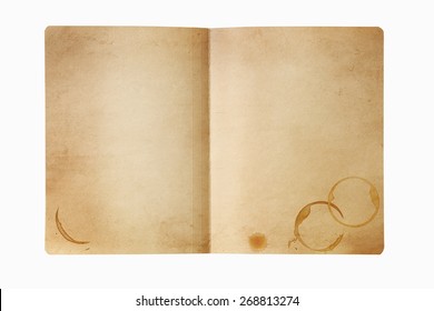 Grunge Manila Folder, Open, With Coffee Stains.  Isolated On White.  