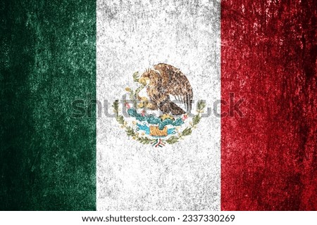 Grunge mexican flag close up. Dirty flag of Mexico on a metal surface.