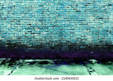 A Grunge Moldy City Alley Brick Wall Green Grime Copy Space Abandoned Streets Background