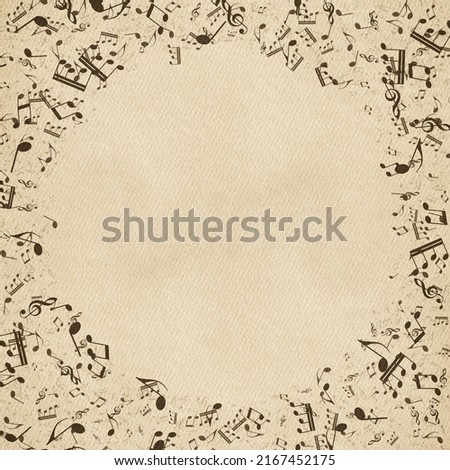 Grunge musical background. Old paper texture, music notes.
