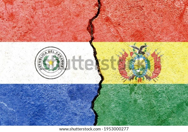 Grunge Paraguay VS Bolivia national flags icon\
isolated on broken cracked wall background, abstract Paraguay\
Bolivia politics relationship friendship divided conflicts concept\
texture wallpaper