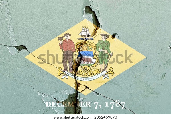 Grunge pattern of Delaware State Flag icon\
painted on old weathered broken wall background, abstract US State\
Delaware politics economy election society history issues concept\
texture wallpaper