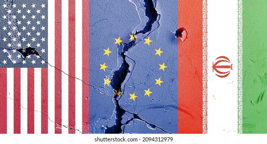 Grunge pattern of US EU Iran vertical national flags isolated on rough broken concrete wall with cracks background, abstract international USA Europe Iran countries politics contrast power concept