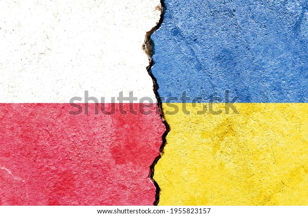 Grunge Poland VS Ukraine national flags icon\
pattern isolated on broken cracked wall background, abstract Poland\
Ukraine politics relationship friendship divided conflicts concept\
texture wallpaper