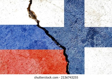 Grunge Russia vs Finland national flags isolated on broken cracked dirty wall background, abstract Russia Finland politics relationship friendship divided conflicts concept texture wallpaper