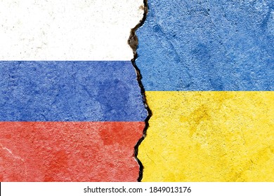 Grunge Russia VS Ukraine national flags icon on broken wall background - Shutterstock ID 1849013176