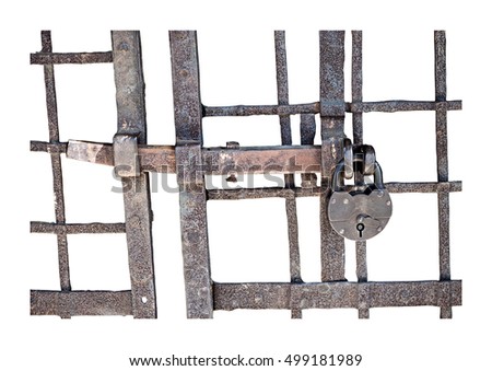 grunge rusty forged elements with padlock isolated on white background