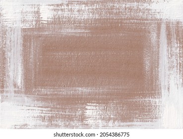 Grunge shabby background with stripes of dry white paint on brown craft paper. Hand drawn texture with gouache brush strokes. Aged scratched backdrop. Artistic design element - Shutterstock ID 2054386775