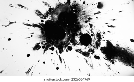 Grunge splash. Black ink. Dark fluid drops stain blotch spreading on white abstract background illustration with free space.
