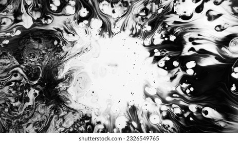Grunge splash. Ink stains. Dark fluid splatters waves with free space in middle oil pattern flowing on white abstract illustration.