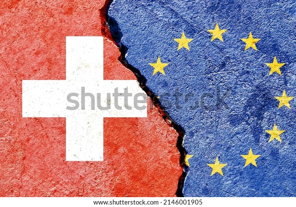 Grunge Switzerland vs EU flags icon isolated on\
broken cracked dirty wall background, abstract Swiss European Union\
politics relationship friendship divided conflicts concept texture\
wallpaper