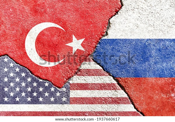 Grunge Turkey vs USA vs Russia\
national flags isolated on broken wall with cracks background,\
abstract Turkey US Russia politics relationship divided conflicts\
concept