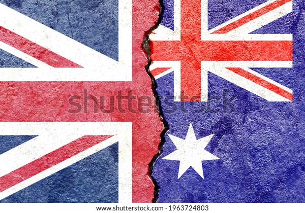 Grunge UK VS Australia national flags icon\
pattern isolated on broken cracked wall background, abstract\
international political relationship friendship divided conflicts\
concept texture\
wallpaper