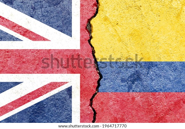 Grunge UK VS Colombia national flags icon\
pattern isolated on broken cracked wall background, abstract\
international political relationship friendship divided conflicts\
concept texture\
wallpaper