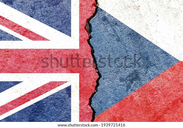 Grunge UK VS Czech Republic national flags icon\
pattern isolated on cracked wall background, abstract international\
political relationship partnership divided conflicts concept\
texture wallpaper
