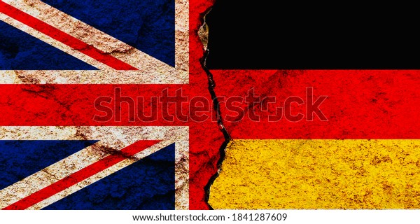 Grunge UK VS Germany national flags pattern\
icon isolated on weathered cracked rock wall background, abstract\
Europe political economic interests relationship conflict concept\
texture wallpaper