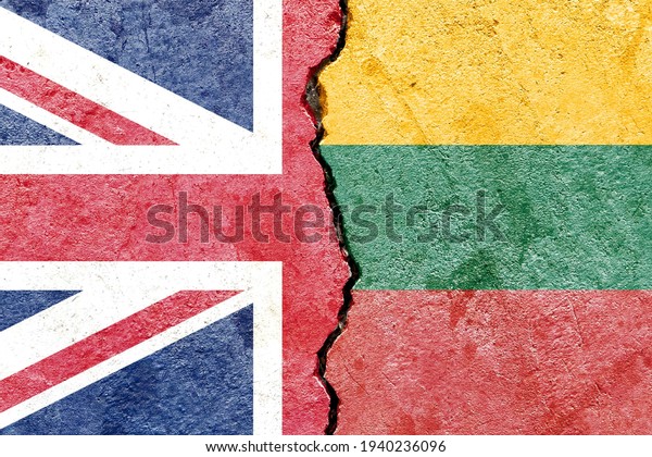 Grunge UK VS Lithuania national flags icon\
pattern isolated on cracked wall background, abstract international\
political relationship partnership divided conflicts concept\
texture wallpaper