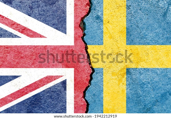 Grunge UK VS Sweden national flags icon pattern\
isolated on broken cracked wall background, abstract international\
political relationship friendship divided conflicts concept texture\
wallpaper