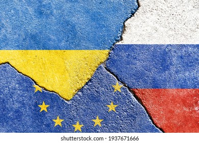 Grunge Ukraine vs EU vs Russia national flags isolated on broken weathered cracked wall background, abstract Ukraine EU Russia politics society economy relationship conflicts concept wallpaper