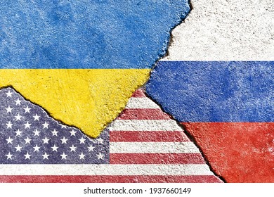 Grunge Ukraine vs USA vs Russia national flags isolated on broken weathered wall with cracks background, abstract Ukraine US Russia politics economy relationship conflict concept texture wallpaper