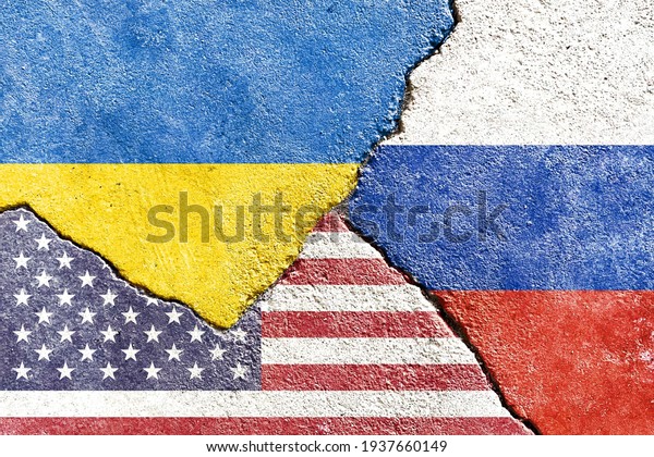 Grunge Ukraine vs USA vs Russia national flags\
isolated on broken weathered wall with cracks background, abstract\
Ukraine US Russia politics economy relationship conflict concept\
texture wallpaper