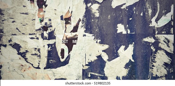 Grunge Urban Billboard With Torn Peeled Poster Horizontal Wide Background. Outdoor Bulletin Board Or Plywood Panel With Worn Advertising Message, Notice And Stickers Street Texture. Abstract Banner