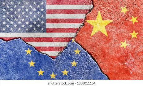 Grunge US (United States) Vs EU (European Union) Vs China National Flags Isolated On Cracked Wall Background, Abstract International Politics Economy Interests Relationship Conflicts Concept