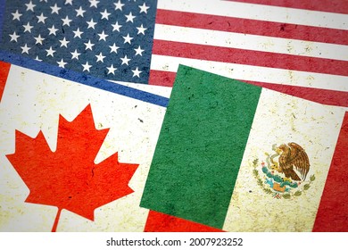 Grunge USA Canada And Mexico Flags Together Isolated On Blurred Background, Abstract US Canada Mexico Politics Relationship Concept Texture