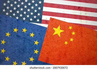 Grunge USA China And EU (European Union) Flags Together Isolated On Blurred Background, US China Europe Politics Economy Trade Military Communication Relationship Partnership Friendship Concept