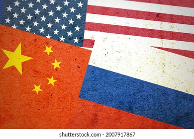 Grunge USA China and Russia flags together isolated on blurred background, abstract US China Russia global politics economy trade military communication relationship partnership friendship concept