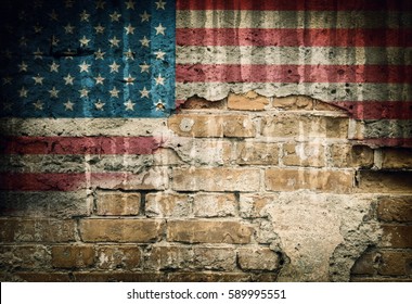 Grunge USA flag on brick wall background