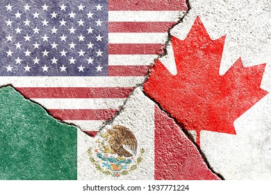 Grunge USA Vs Canada Vs Mexico National Flags Icon On Broken Weathered Cracked Wall Background, Abstract US Canada Mexico Politics Economy Relationship Conflicts Concept Wallpaper