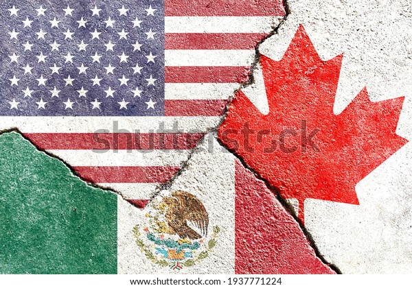 Grunge USA vs\
Canada vs Mexico national flags icon on broken weathered cracked\
wall background, abstract US Canada Mexico politics economy\
relationship conflicts concept\
wallpaper