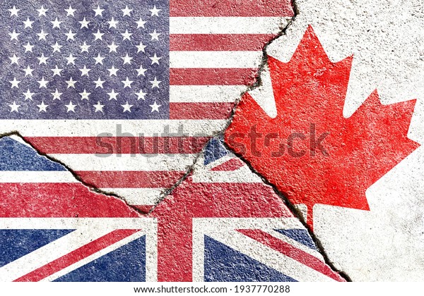 Grunge USA VS Canada VS UK national flags icon\
on broken weathered cracked wall background, abstract US Canada UK\
politics economy partnership relationship conflicts concept pattern\
texture wallpaper