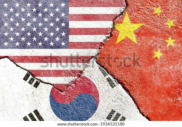 Grunge USA vs China vs South Korea national\
flags icon isolated on broken weathered cracked wall background,\
abstract US China Korea politics economy trade military conflicts\
concept texture\
wallpaper