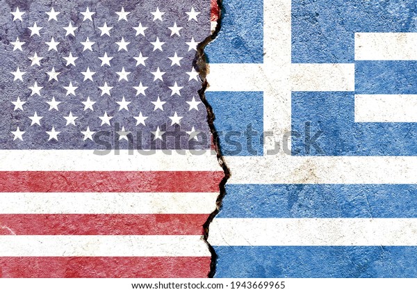 Grunge USA VS Greece national flags icon\
pattern isolated on broken cracked wall background, abstract\
international political relationship friendship divided conflicts\
concept texture\
wallpaper
