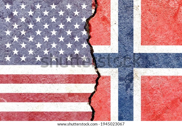 Grunge USA VS Norway national flags icon\
pattern isolated on broken cracked wall background, abstract\
international political relationship partnership divided conflicts\
concept texture\
wallpaper